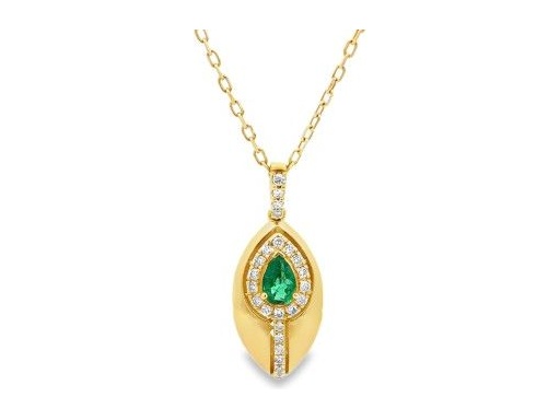 18K Yellow Gold Pear Emerald & Natural Diamond Drop Necklace